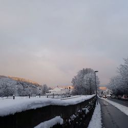 Snow covered plants by canal against sky