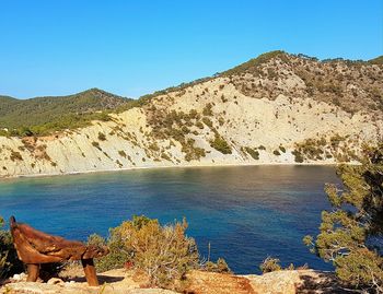 Scenic view of calm sea against clear blue sky