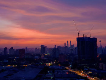 High angle view of city at dawn