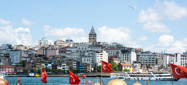 Buildings in city against cloudy sky