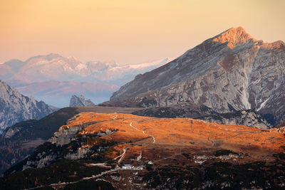 Scenic view of mountains against sky during sunset