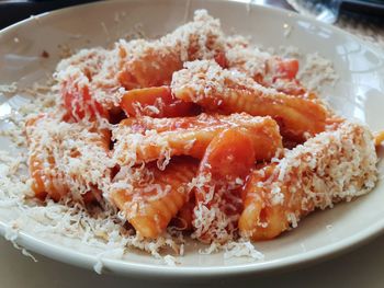 High angle view of fish served in plate on table