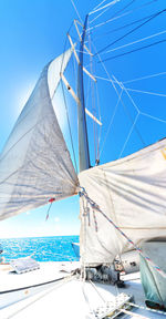 Sailboat sailing on sea against blue sky