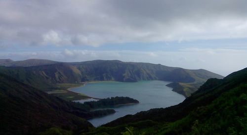 Scenic view of lake and mountains against sky