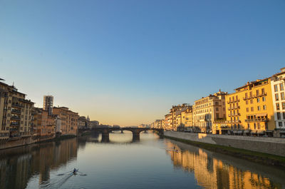 Buildings by river against clear blue sky in city