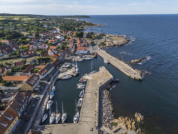 Aerial photo of allinge harbour, bornholm, denmark