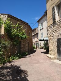 Street amidst houses in town against sky