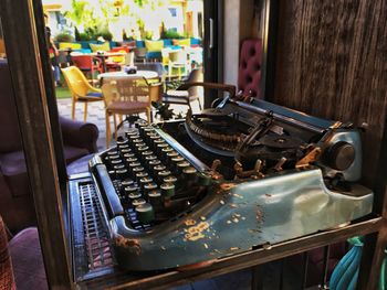 High angle view of old machinery on table