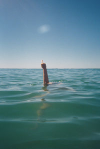 Person on sea against clear sky