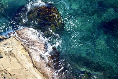 High angle view of water flowing through rocks