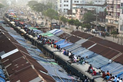 High angle view of people in city