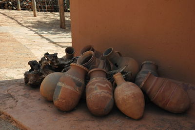 Close-up of abandoned objects against wall