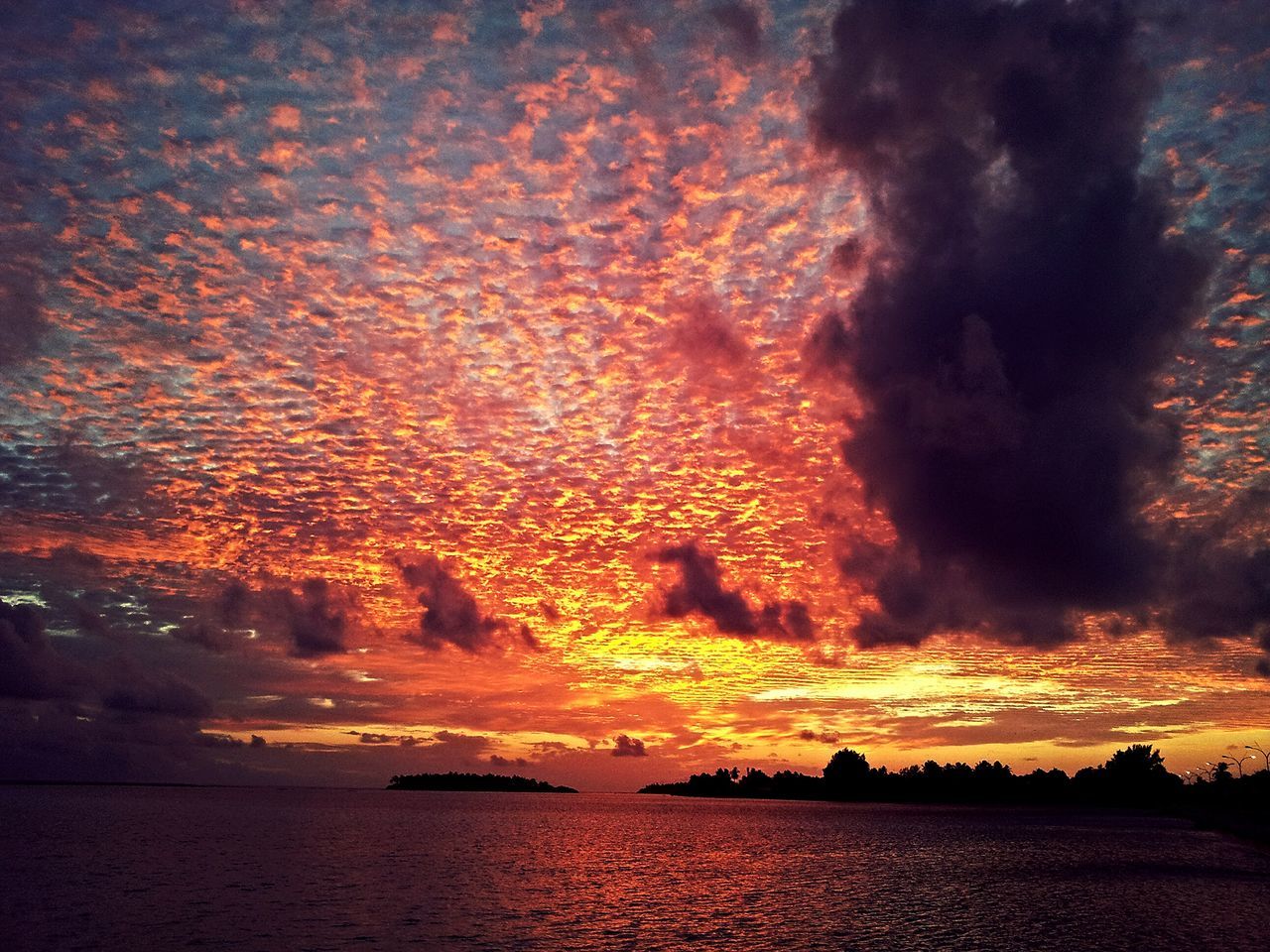 water, waterfront, beauty in nature, scenics, tranquility, tranquil scene, sky, sunset, nature, sea, silhouette, idyllic, cloud - sky, outdoors, no people, orange color, river, rippled, lake, tree