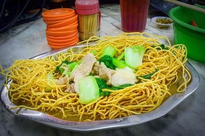 High angle view of noodles in bowl on table