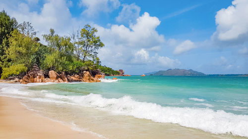 Tropical landscape, sandy beach, travel, vacation, sea.