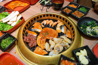 High angle view of food served on table