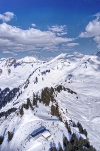 Scenic view of snow covered mountains against sky