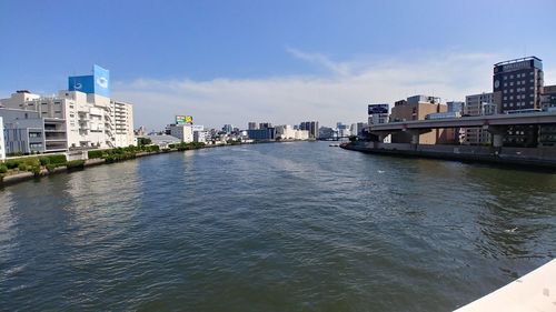 River amidst buildings in city against sky