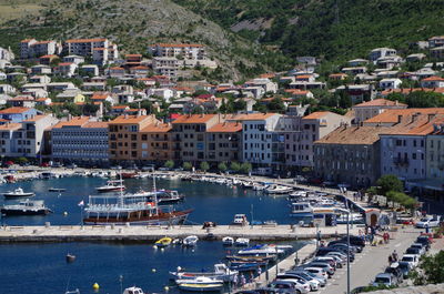 High angle view of boats moored in sea