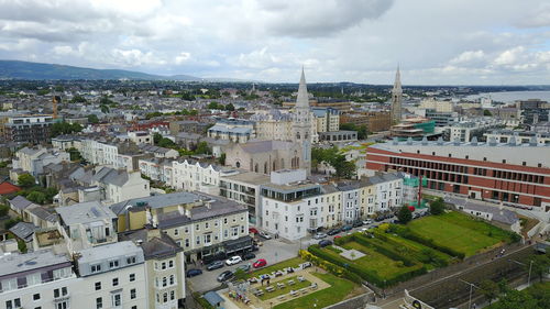 High angle view of cityscape against sky