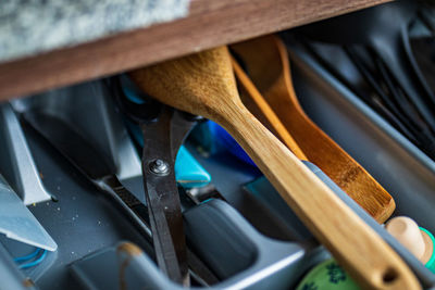 Close-up of various objects in drawer