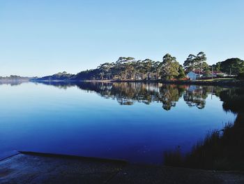 Scenic view of lake against clear blue sky