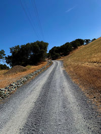 Gravel road flanked by dry grass, with trees against blue sky.