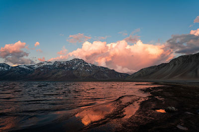 Scenic view of snowcapped mountains against sky during sunset