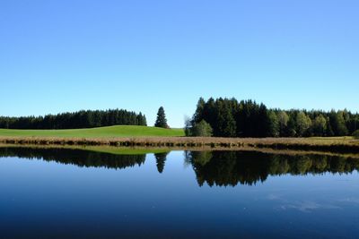 Scenic view of lake against clear blue sky
