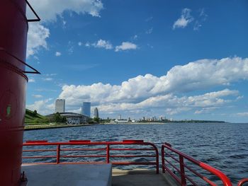 Scenic view of sea by buildings against sky