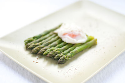 High angle view of food in plate on table