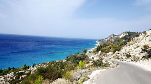 Scenic view of sea against clear blue sky