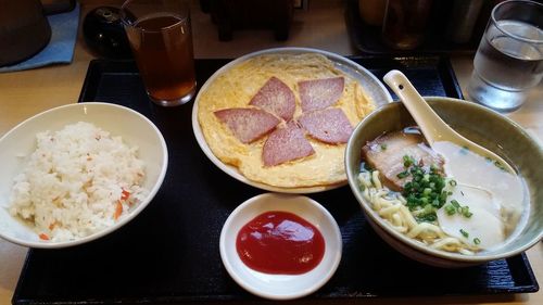 Close-up of food served on table