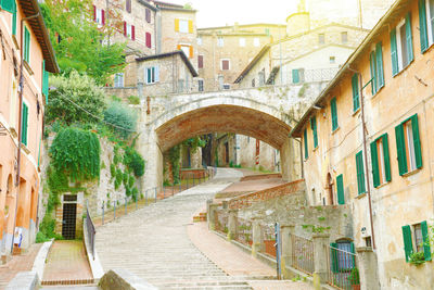 View of old cozy italian street with stairs in perugia. architecture and landmark of italy.