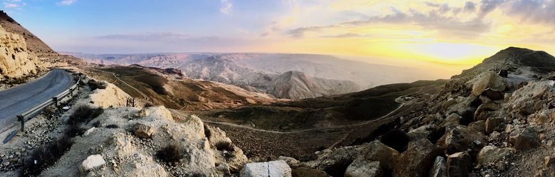 Panoramic view of mountains against sky during sunset