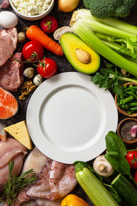 High angle view of fruits and vegetables on table