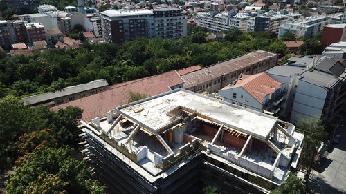 High angle view of buildings in city