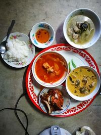 High angle view of meal served on table