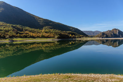 Scenic view of lake and mountains against clear blue sky