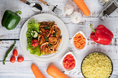 High angle view of meal served on table