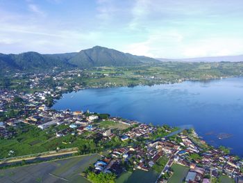 Aerial shot of lake toba balige north sumatra, indonesia. 13 october 2022