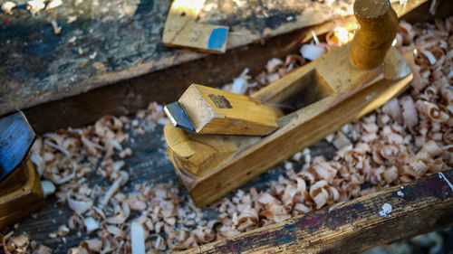 High angle view of carpentry equipment