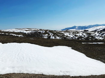 Scenic view of snowcapped mountains against clear sky