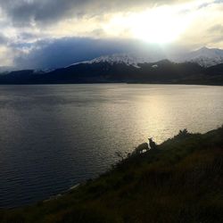 Scenic view of lake and mountains against sky