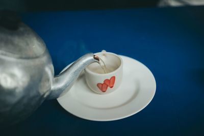 High angle view of tea cup on table