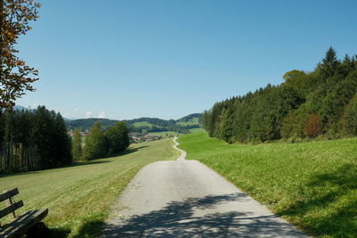 Rear view of man walking on road against clear sky