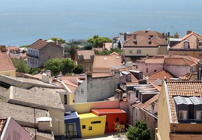 High angle view of houses in city against sea