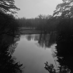 Scenic view of lake in forest against clear sky