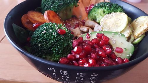 High angle view of chopped fruits in bowl on table