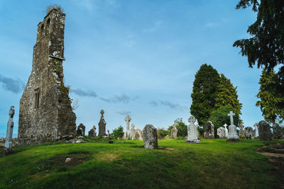 Panoramic view of cemetery and trees on field against sky